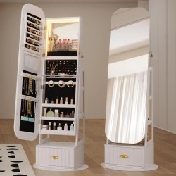 Miu Round-Corner Design Full-Length Mirror with 360° Swivel & LED-Lit Features, Bottom Drawer Storage, Lockable Design Brush Cabinet