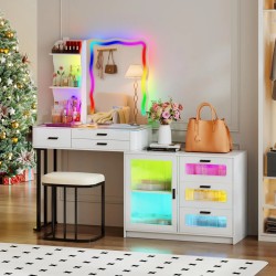 Miu Vanity Set with 7-Color RGB Lights, Wireless Charging, HD Mirror, 7-Drawer Chest & Big Storage Furniture Organizing - Modern Design Adjustable Brightness