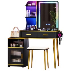 Miu Modern Makeup Vanity Set with Mirror and Lights, Large Storage Table with Drawers and Shelves, 3 in 1 Charging Station
