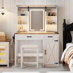 MIU Farmhouse Makeup Vanity Desk with Sliding Mirror and Lights,40" W Glass Tabletop Vanity Table with Charger,LED Vanity Set with Jewelry Armoire,6 Drawers,10 Shelves,Adjustable Cabinet