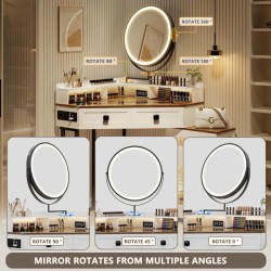 Miu Corner Vanity with Mirror and Lights, with Charging Station, Glass Top Vanity Table with Drawers and Shelves Makeup