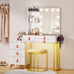 Miu Vanity Makeup Set with Mirror Lights, Dressing Table with 6 Drawers, Adjustable Lighting, Charging Station, Vanity Makeup Table