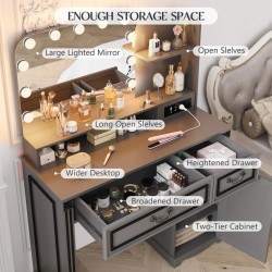 Miu Makeup Vanity with charging station and 11 LED Lights, 3 Lighting Modes, Large Mirror, Retro Edition, Dressing Table for Bedroom